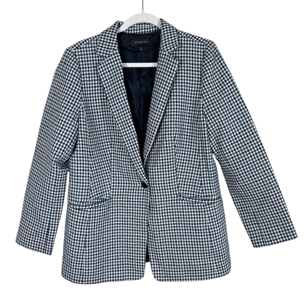 Talbots Blazer Women’s Size 12 Single Button Black White Blue Plaid Cotton Blend